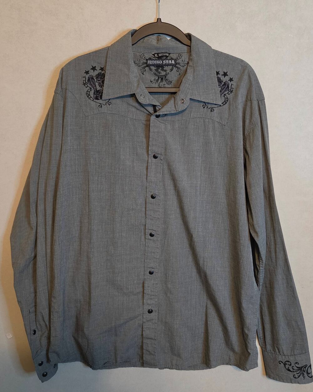 NWOT Indigo Star button-down gray LS western shirt blk pearl snap XL